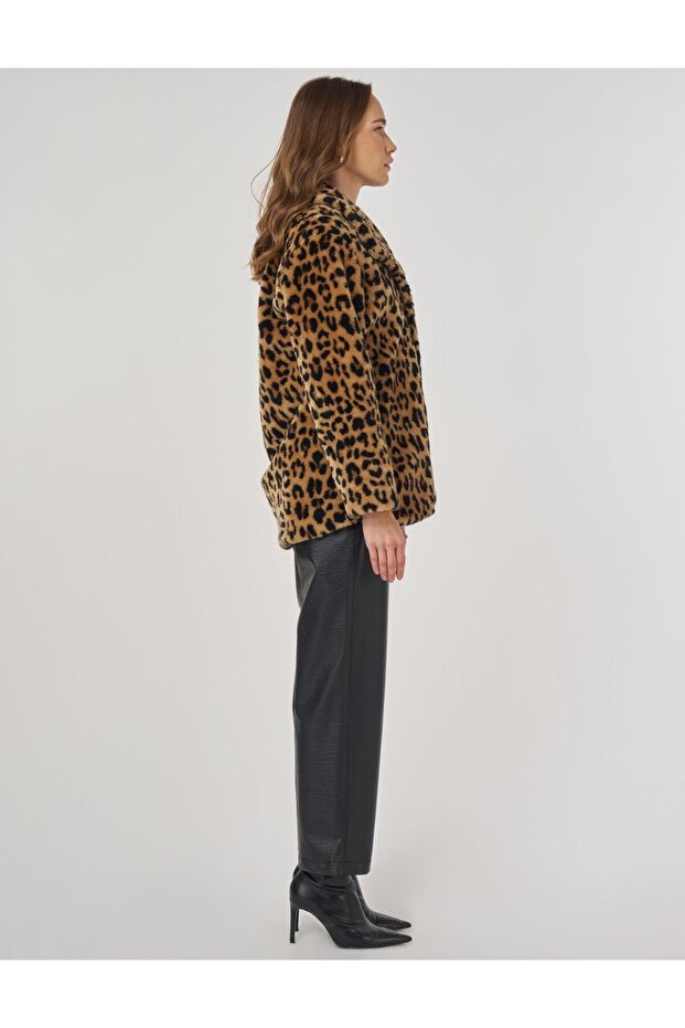 Leopard Pattern Plush Coat Beige - 6