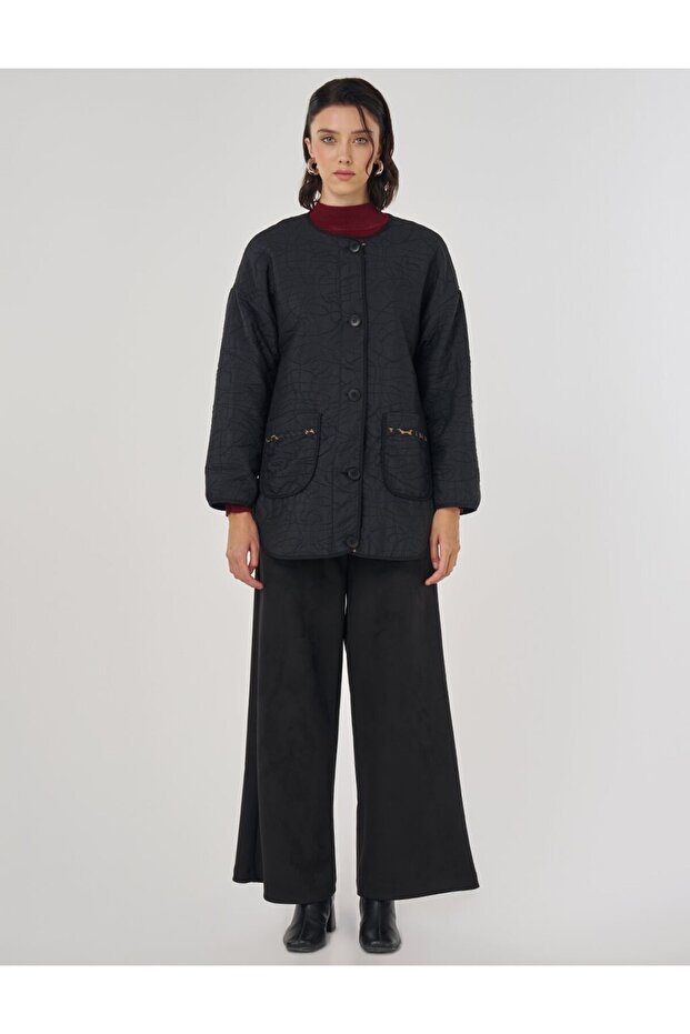 Patch Pocket Embossed Pattern Jacket Black - 2