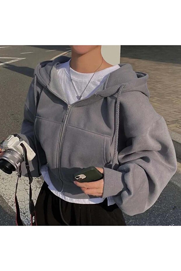 Basic Cropped Thick Fabric Zip-Up Short Sweatshirt