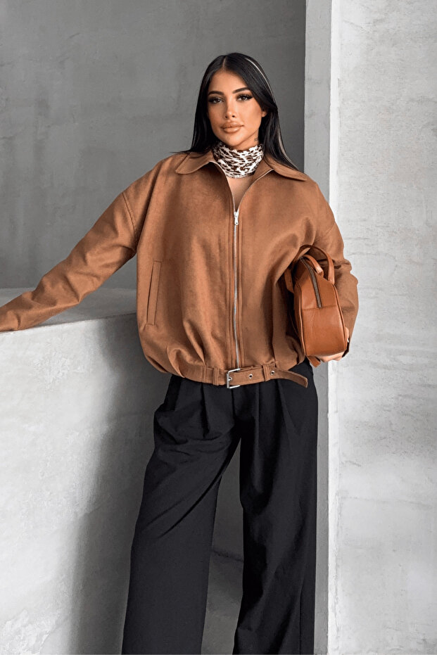 Woven Suede Bomber Jacket - Light Brown