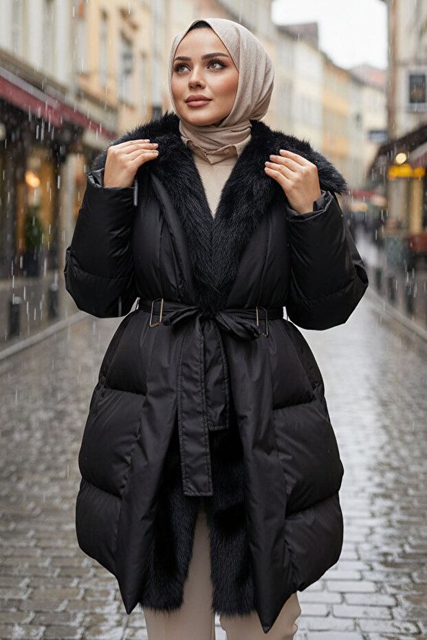 Fur Detailed Belted Coat O7183 Black