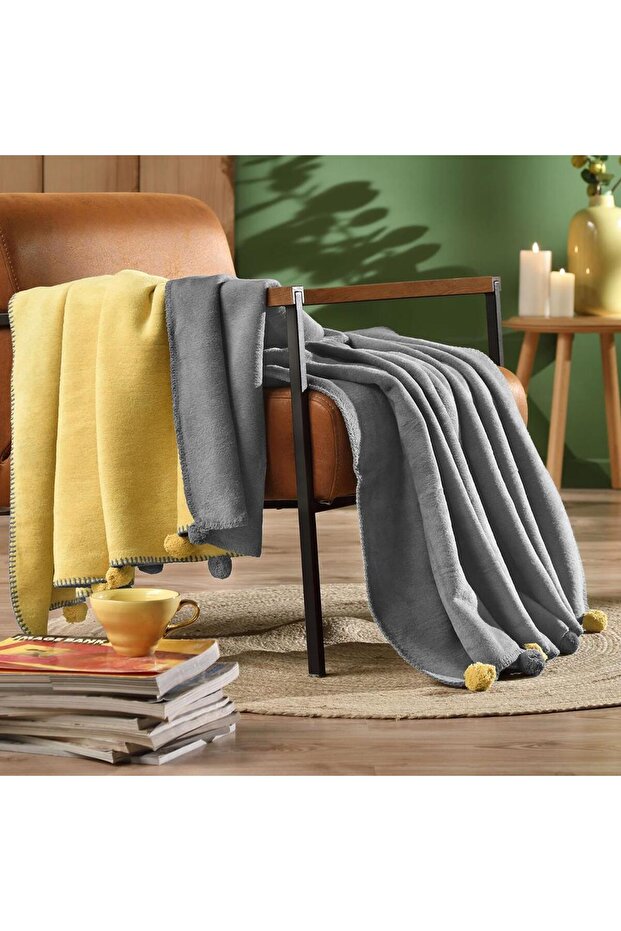 Tek Kişilik Pamuk Colourıst Ponpon Battaniye Gri-Sarı - 1