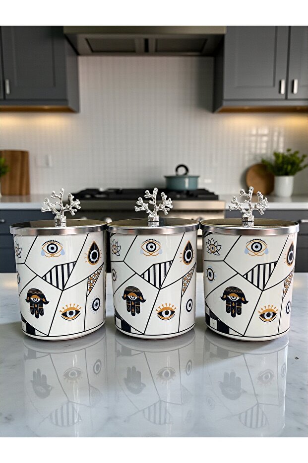 Spice Jar Cylinder Set of 3 Metal Coffee Corner Hamse Patterned 750 ml Coral Silver - Feray Home