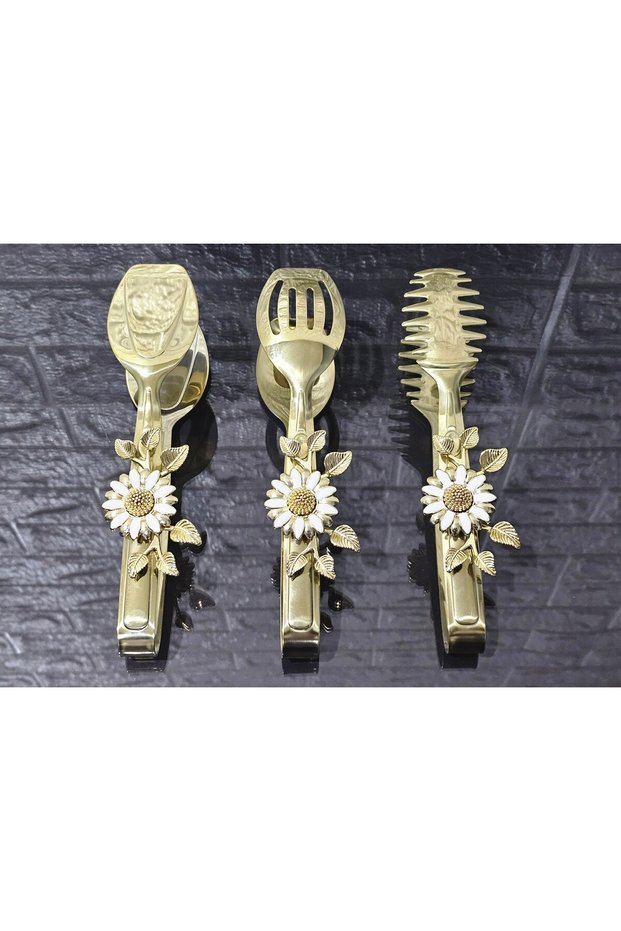 Gold Serving Tongs Set of 3 White Daisy Pasta/Dessert/Food/Display Tongs Titanium