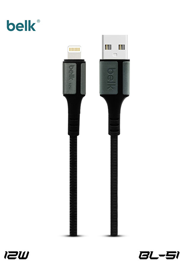 كابل BL-S1 USB-A إلى Lightning بقوة 12 وات، بطول 120 سم، مع سلك مضفر من النايلون للشحن السريع ونقل البيانات