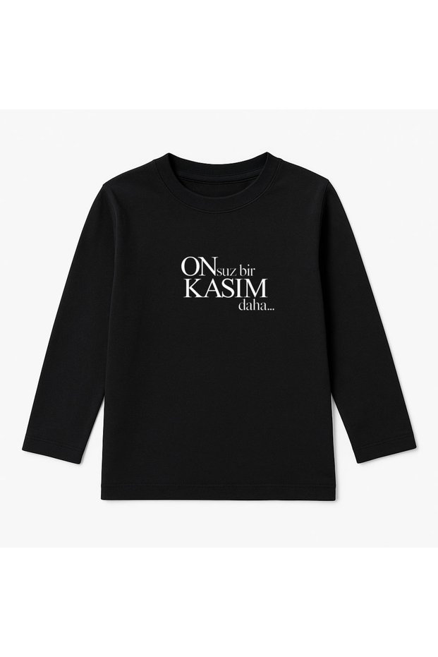 10 November Ataturk Printed Black Crew Neck Combed Cotton Fabric Kids T-Shirt Blouse