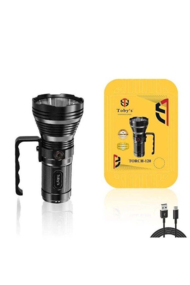 مصباح يدوي عالي الطاقة Toby's TORCH-120 بقوة 50 واط، مدى 760 مترًا، 5000 لومن، قابل لإعادة الشحن عبر USB ومقاوم للماء