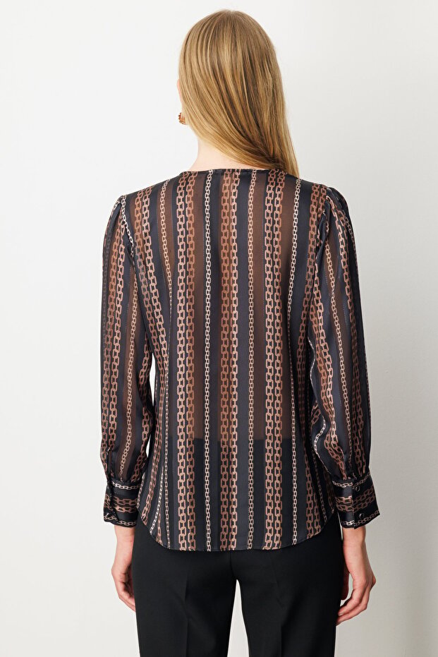 Decorated Buttoned Patterned Blouse - 5