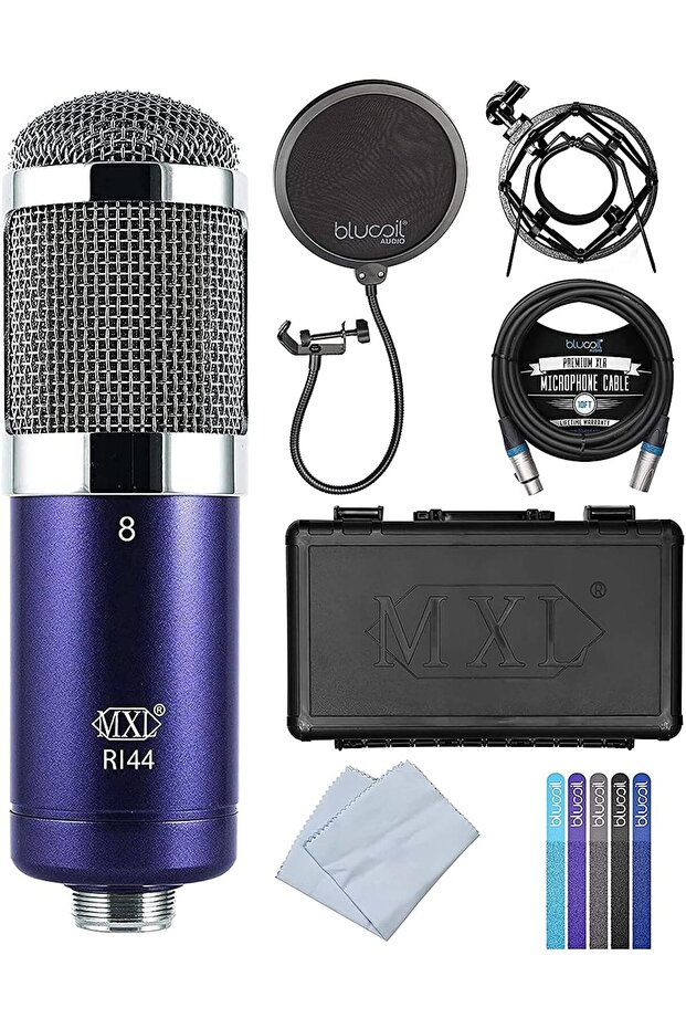 ميكروفون شريطي R144 مع حامل صدمات ومرشح بوب وكابل XLR متوازن (أسود)