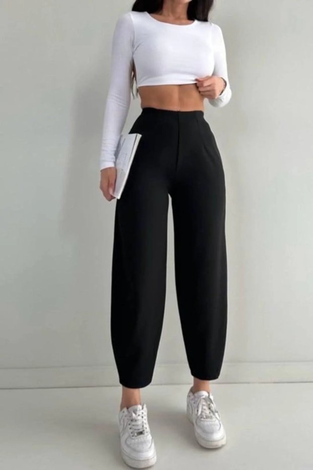 Women's Black High Waist Balloon Leg Ankle Length Flowy Stretchy Crepe Fabric Pants