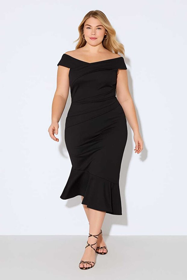 Women's Plus Size Black, Carmen Neck Asymmetrical Cut Scuba Fabric Dress 65N39198