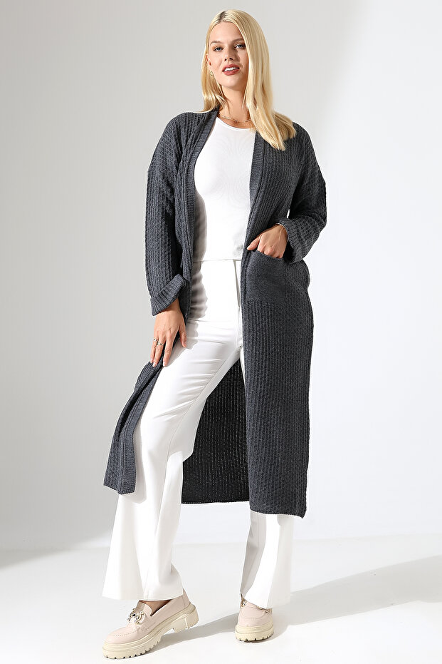 Women's Anthracite Gray Long Oversized Pocket Comfortable Fit Knitwear Cardigan