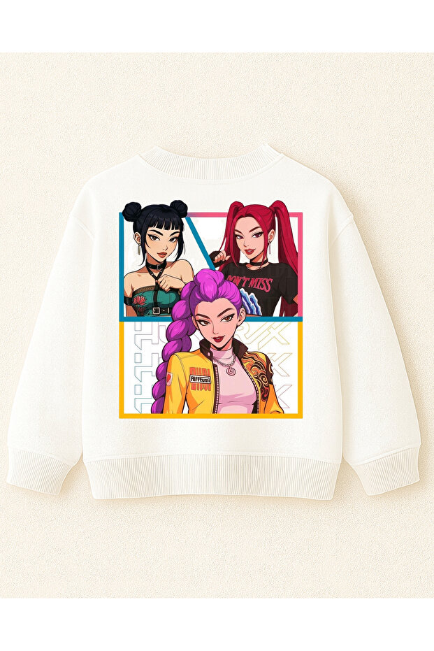 K-pop Demon Hunters Huntrix Zoey Rumi Mira Front and Back Printed Unbrushed Oversized Girls' Sweatshirt