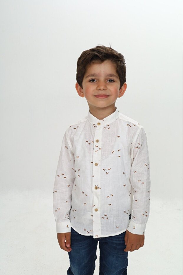 Ecru Boys' Regular Fit Judge Collar Long Sleeve Linen Look Shirt - Animal Pattern