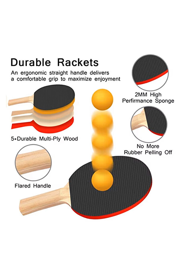 Table Tennis Racket Set of 4 Rackets Net and 6 Balls - Portable Ping Pong Set - 3
