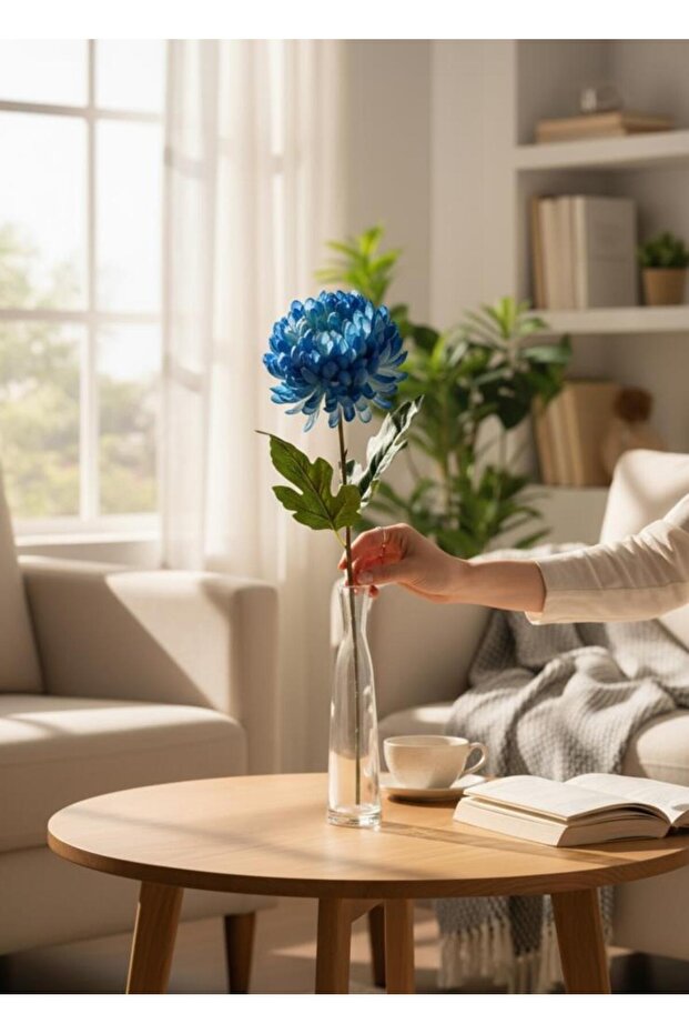 Yapay Çiçek Krizantem Mavi 90cm Tek Dal Kumaş Çiçek Uzun Dal - 5