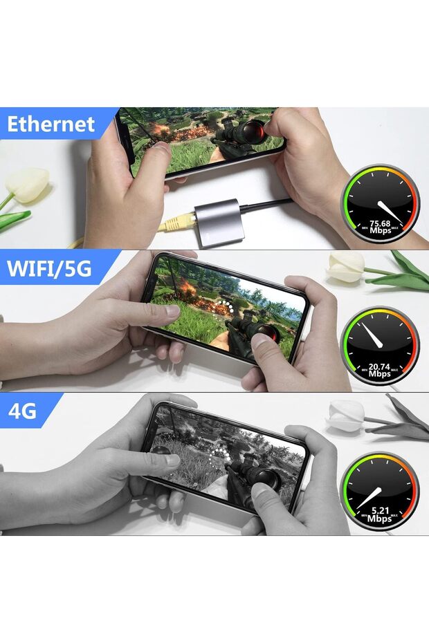 Lightning to Ethernet RJ45 2-in-1 Adapter with Charging Port, 10/100 Mbps, Gray - 3