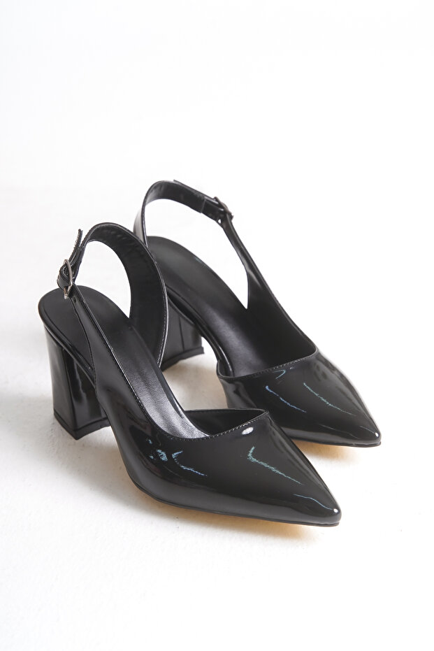 Women's Black Patent Leather Side Open Thick Pointed Heeled Shoes