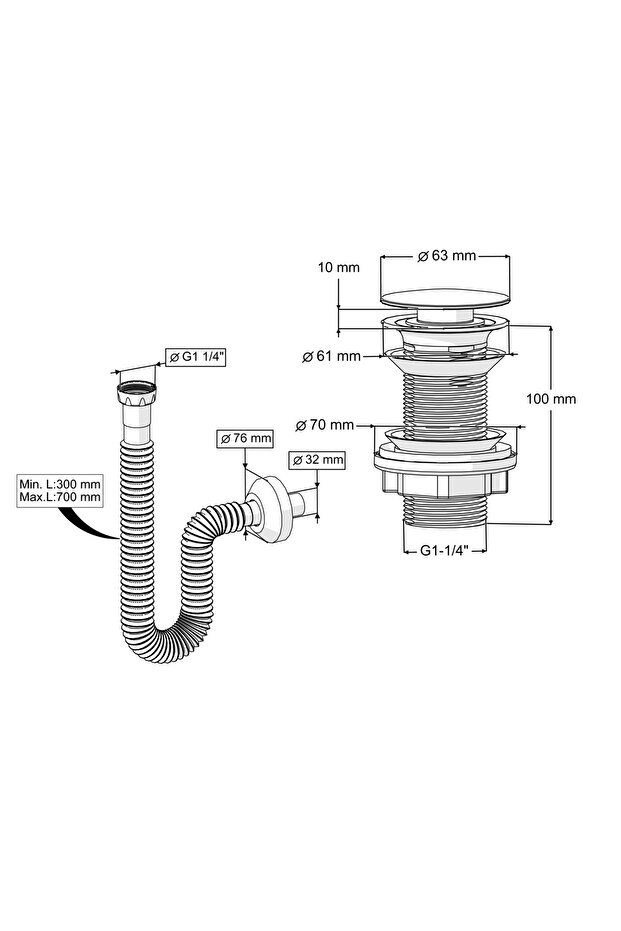 Felix Pop-Up Lavabo Gideri Set | Taşma Deliksiz | 304 Paslanmaz Çelik Başlık | ABS Gövde - 3
