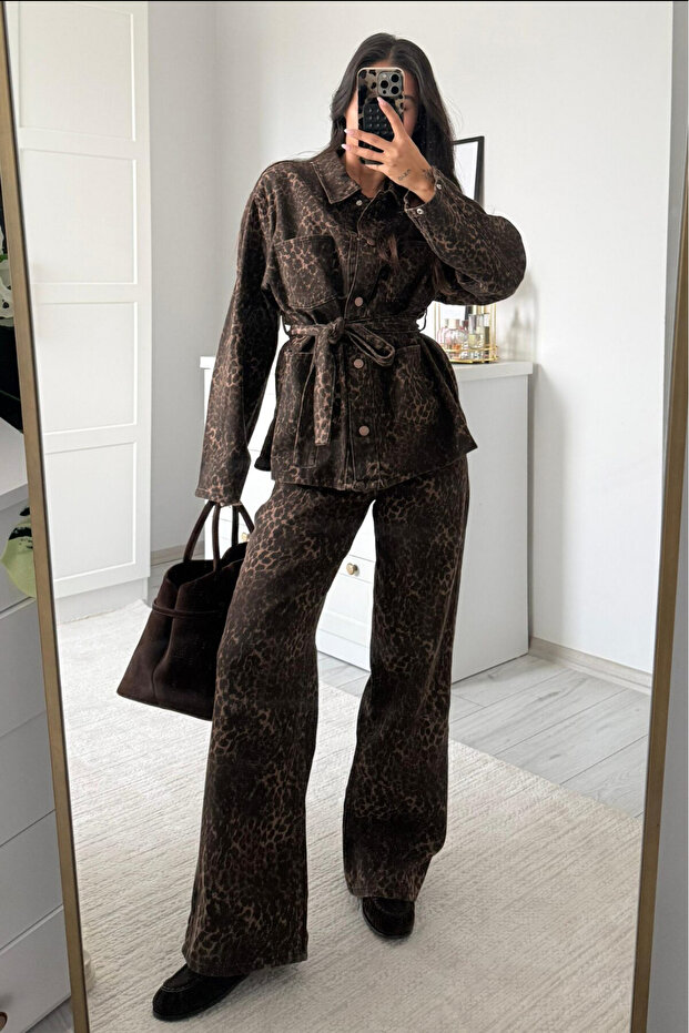 Premium Trend Denim Jeans Tie-Detail Polka Dot Jacket - Wide-Leg Denim Trousers 2-Piece Set