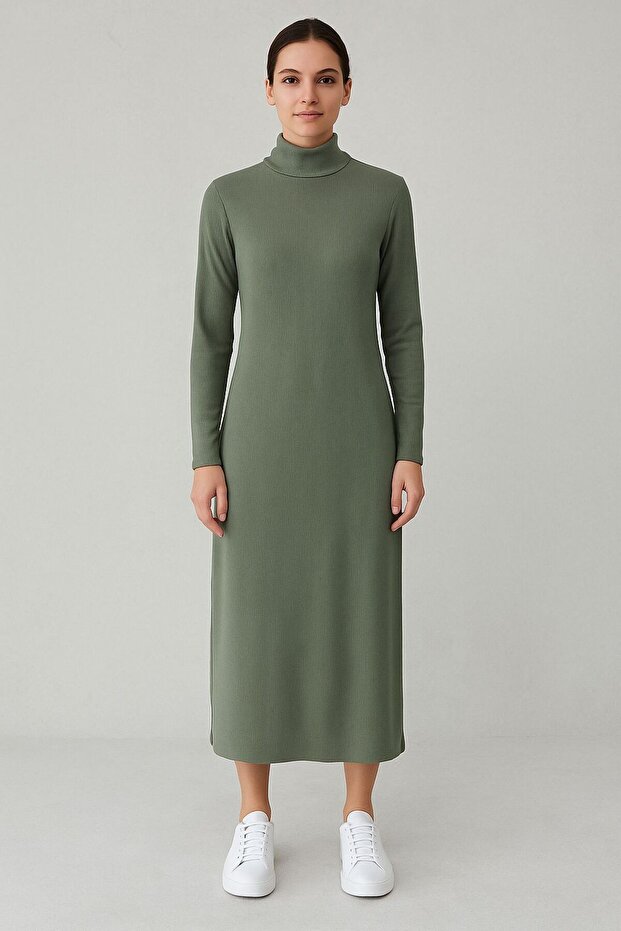 Ribbed Knit Lycra Fishing Collar Long Dress