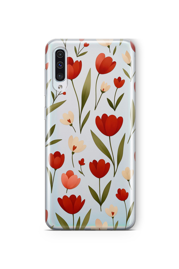 Samsung Galaxy A70 Compatible Red Tulip Patterned Transparent Phone Case
