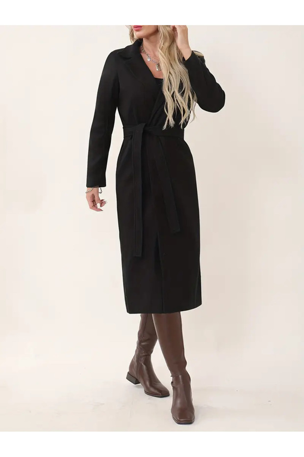 Women's Black Cashmere Wool Long Coat with Belt, Lined Inside, Pocket Detail, Cashmere Coat (Exact Fit) New Season