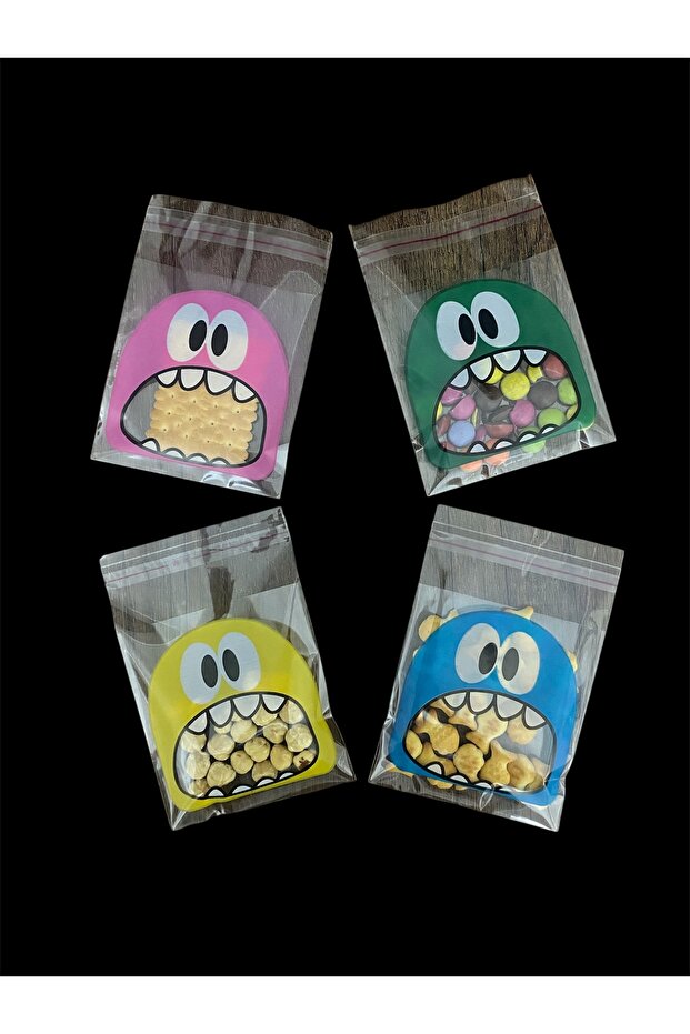 200 Adet 10X14 cm Karışık Renk Canavar Baskılı Yapışkanlı Şeffaf Opp Jelatin Poşet, Kurabiye Poşeti - 3