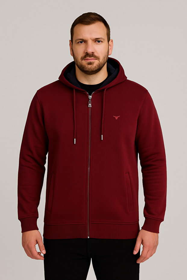 Men's Long Sleeve Claret Red Hooded Zippered Sweatshirt