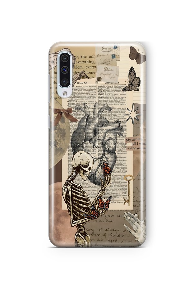 Samsung Galaxy A70 Compatible Vintage Skeleton and Butterfly Pattern Transparent Phone Case