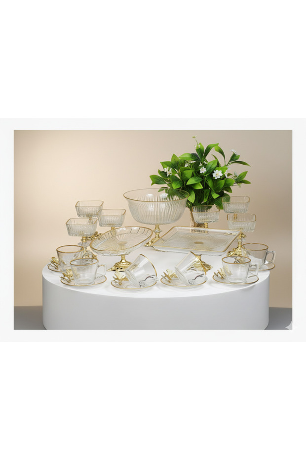 Paşabahce Gold Detail Footed Presentation & Serving Set Cake, Magnolia, Tea Set, Kura Piped K