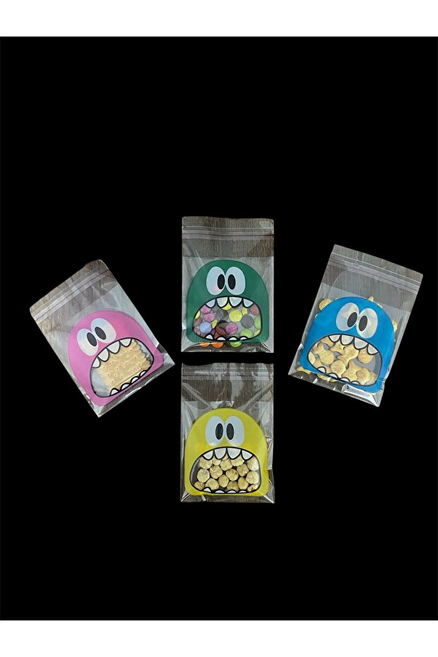200 Adet 10X14 cm Karışık Renk Canavar Baskılı Yapışkanlı Şeffaf Opp Jelatin Poşet, Kurabiye Poşeti - 2