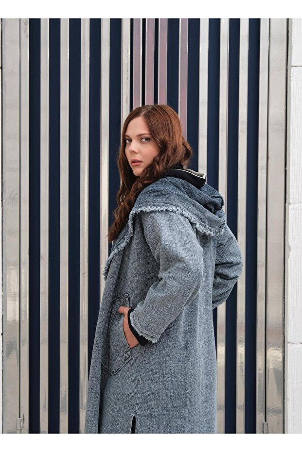 Kapüşonlu Oversize Kot Kap - 4