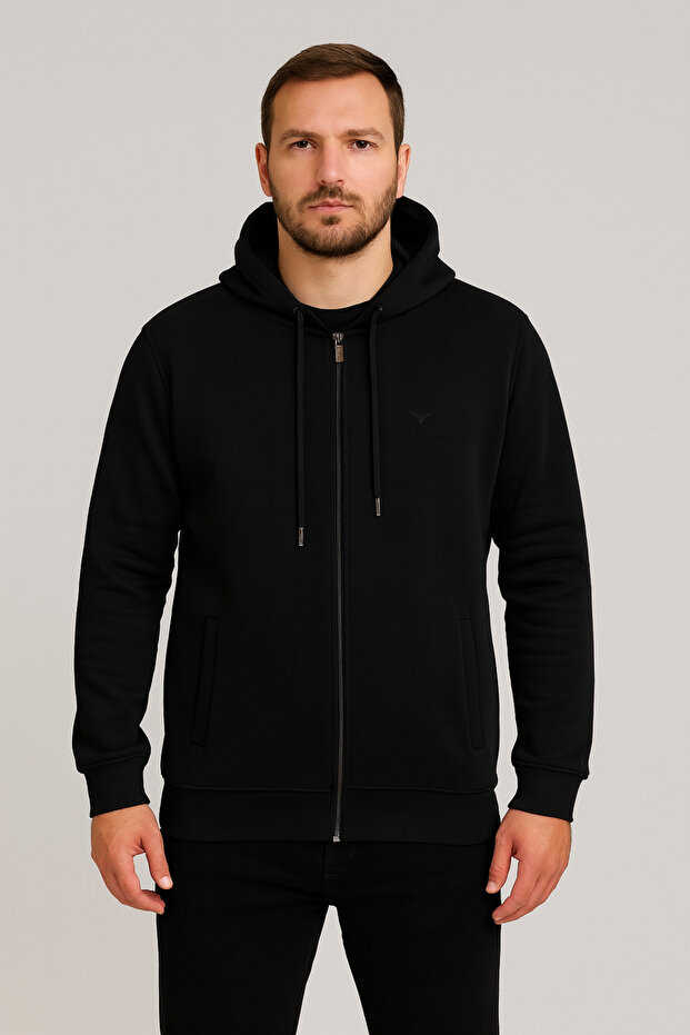 Men's Long Sleeve Black Hooded Zipper Sweatshirt