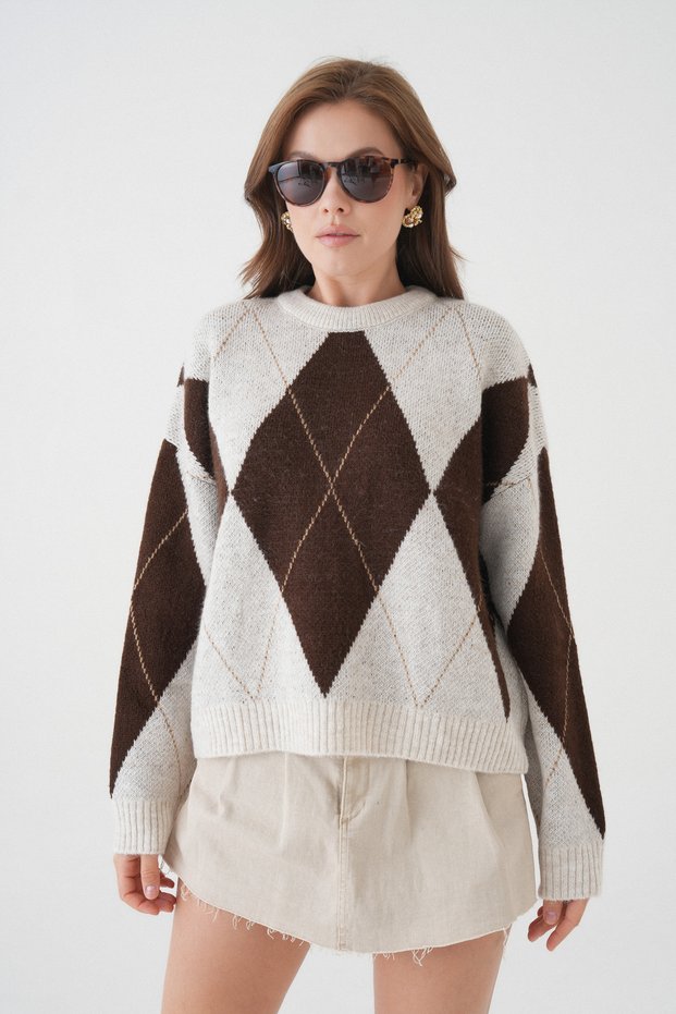 Women's Diamond Patterned Crew Neck Knitwear Sweater