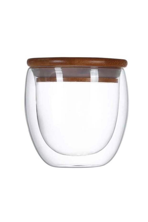 Double Layer Wall Tea Cup With Bamboo Lid Clear