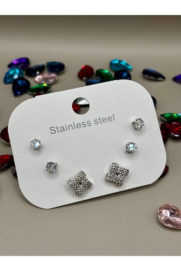 Steel Silver Color Combination Stone Earrings