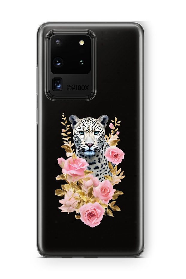 Samsung Galaxy S20 Ultra Compatible Transparent Phone Case with Leopard and Pink Rose Pattern