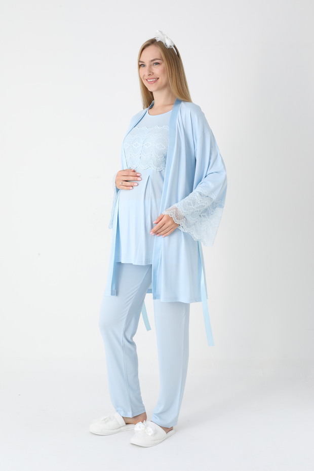 Women's Blue Lace Detailed Long Sleeve Special Design Maternity Maternity Dressing Gown Pajama Set