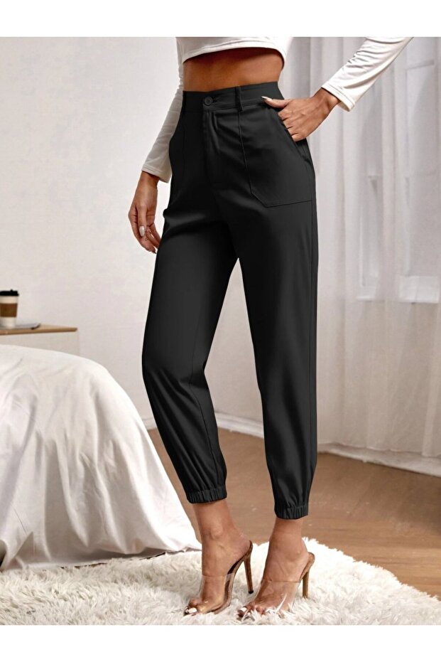 Women's High Waist Imported Crepe Pants with Pockets and Elasticated Legs