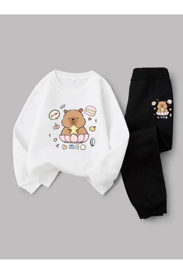 Girls/Boys Bottom Top Capybara Luck Printed Round Neck Sweatshirt Set