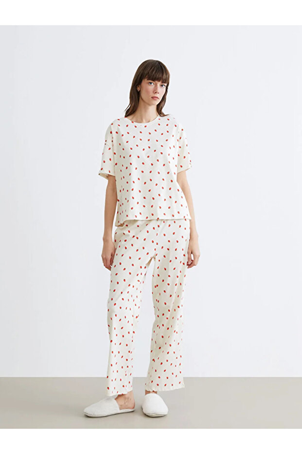Lcw Dream Ecru Crew Neck Patterned Women's Pajama Set