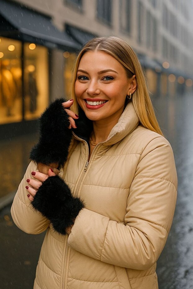 Black Inside Suede Outside Plush Fur Women's Gloves
