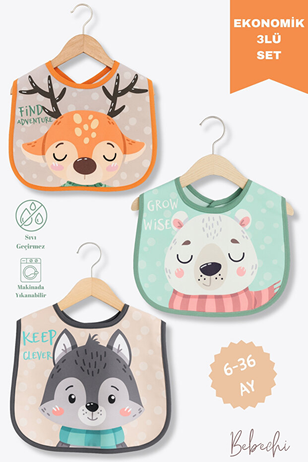 Bebechi Sevimli Hayvanlar Desen 3'Lü Set Microfiber Mama Önlüğü Sıvı Geçirmez 6-36 Ay