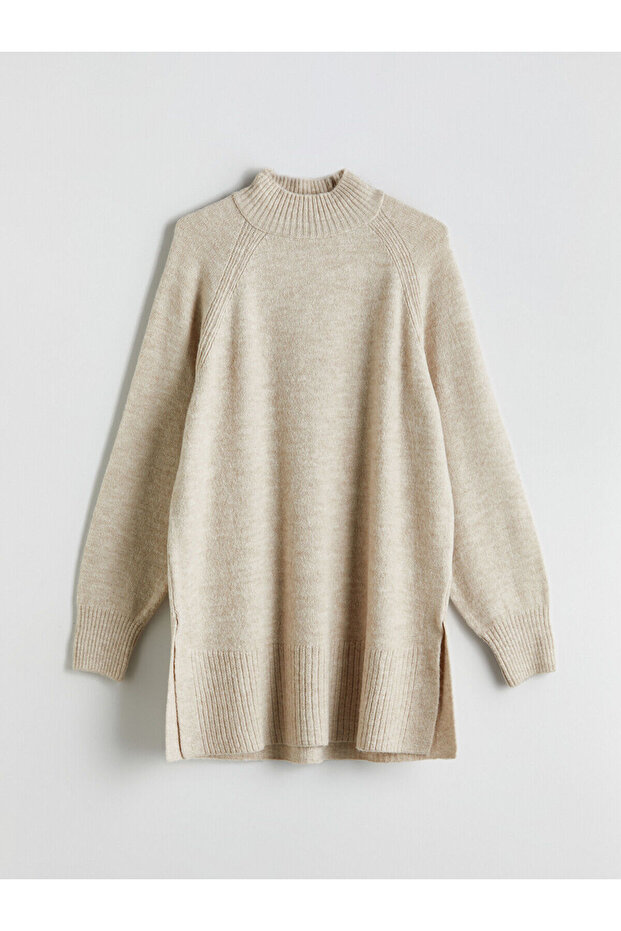 LCW Modest Ekru Dik Yaka Oversize Kadın Triko Tunik W5CV22Z8 - 5