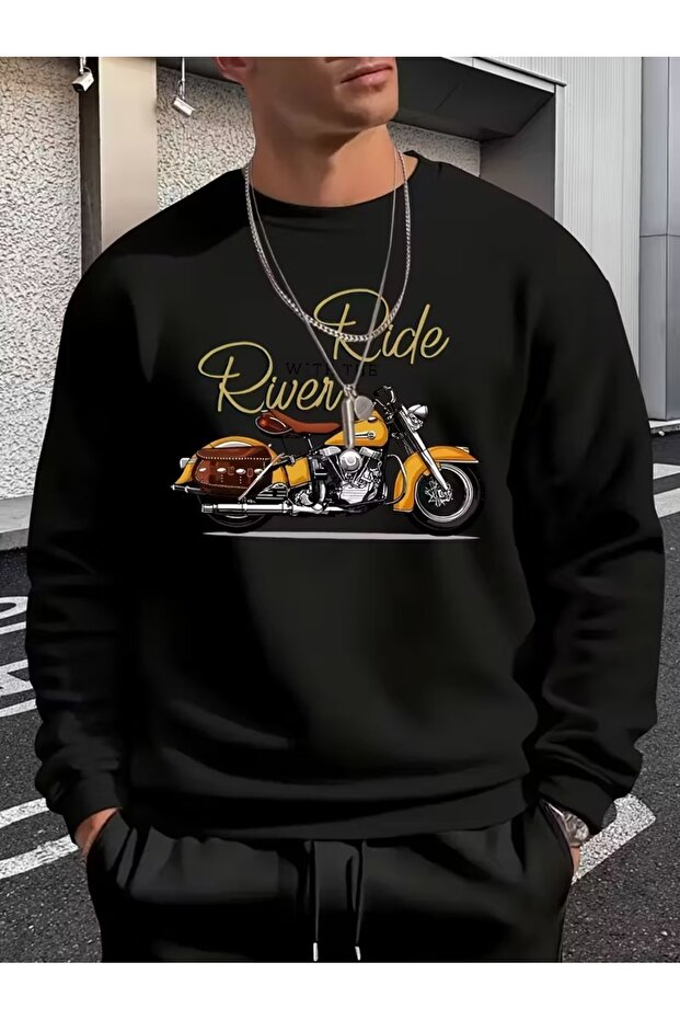 Men's Relaxed Fit Two Thread Sweatshirt Motorcycle Ba Printed Celebrity Street Fashion Style