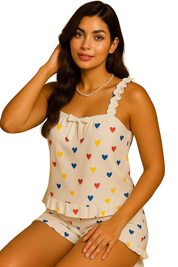 Heart Patterned Shorts Pajama Set - 2