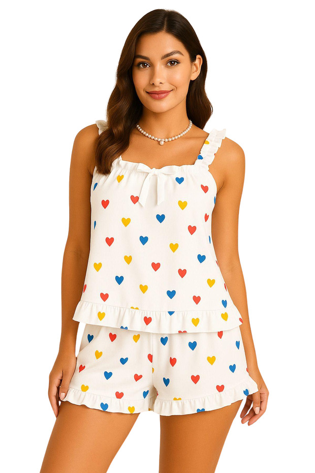 Heart Patterned Shorts Pajama Set - 1