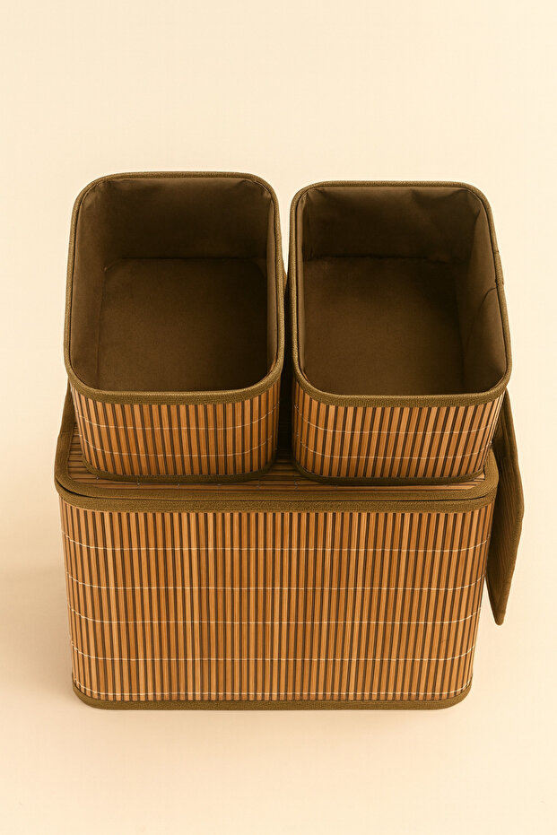 Set of 3 Fabric Baskets with Bamboo Lids |   Large and Small Size Organizer Boxes - 4