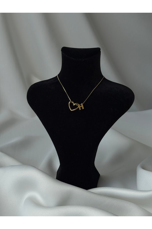 Heart Detailed Gold Color Steel Letter Necklace